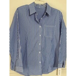 New Fashion Women Blue White Striped Button Down Shirt Size XL Long Sleeve